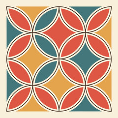 Retro Geometric Pattern Featuring Interlocking Circles in a Repeating Grid of Warm and Cool Tones
