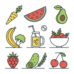 Vibrant vector icon set of fresh organic fruits and vegetables for healthy eating and nutrition concepts