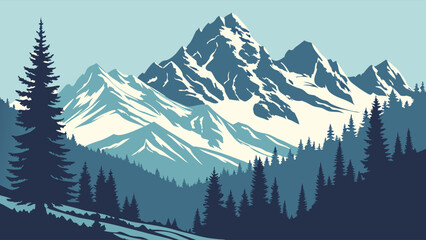 Majestic Snowy Mountains Rise Above a Serene Pine Forest Landscape