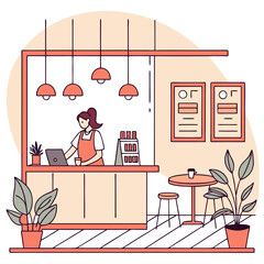 Cozy Coffee Shop Barista at Work, Serving Delicious Drinks and Warm Atmosphere