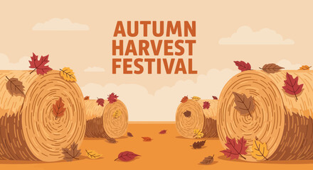 Charming autumn harvest festival illustration featuring hay bales and colorful leaves