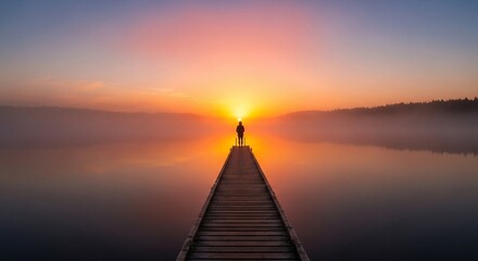 Solitude at Dawn: A Lone Figure on a Pier Over a Misty, Vibrant Lake