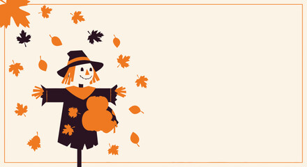 Charming autumn scarecrow illustration with falling leaves and copyspace, perfect for seasonal projects and harvest themes