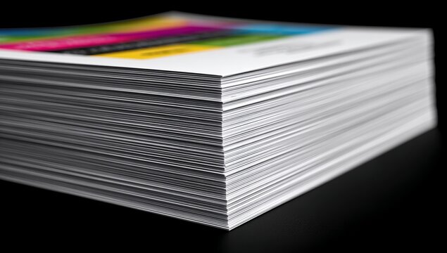 Thick stack of white paper with colorful edge printing