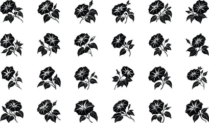 Fototapeta premium Black Silhouette Floral Vector Icons Set – Decorative Botanical Flowers and Plants for Graphic Design, Patterns, and Digital Art