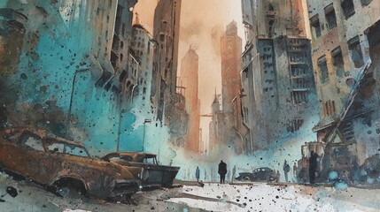 Ruined cityscape watercolor painting with cars, people, and destroyed buildings, for apocalyptic theme