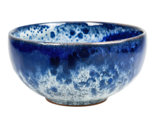 Artisanal ceramic bowl with a striking blue and white speckled reactive glaze.