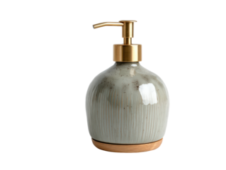Stylish ribbed ceramic soap dispenser with a brushed gold pump and a natural wood base.