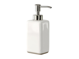 Modern rectangular white ceramic soap dispenser with a shiny silver chrome pump.