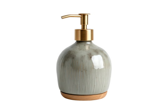 Stylish ribbed ceramic soap dispenser with a brushed gold pump and a natural wood base.