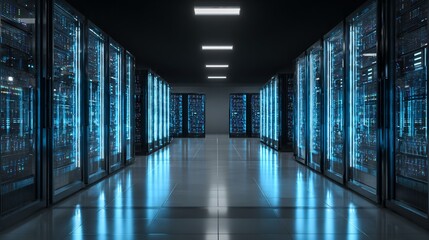 Server room, data center with glowing servers in rows, blurred background, for data storage or tech