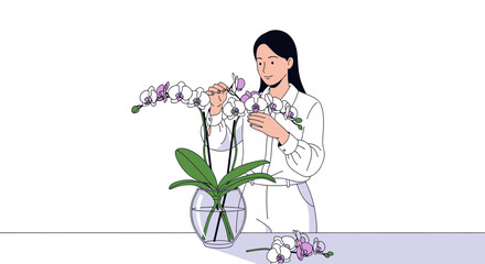 A woman arranging orchids in a vase, capturing a serene and delicate moment of floral artistry in a contemporary illustration style