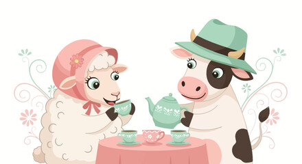 Charming Cartoon Tea Party: A Whimsical Gathering of a Cow and a Sheep enjoying tea