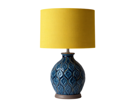 Elegant table lamp with a textured yellow drum shade and a glossy blue ceramic base featuring a gold-lined incised pattern.