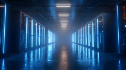 Server room hallway with neon blue lights, servers, and a misty background; data storage