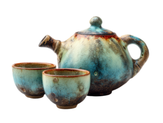 Rustic ceramic tea set with a turquoise and brown crackled glaze finish.
