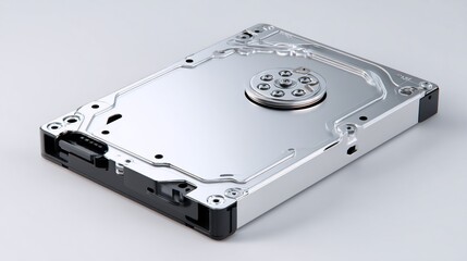 Shiny hard drive, detail shot on white, data storage for computer, tech concept