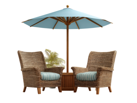 Outdoor wicker furniture set with two armchairs striped cushions and a light blue wooden umbrella.