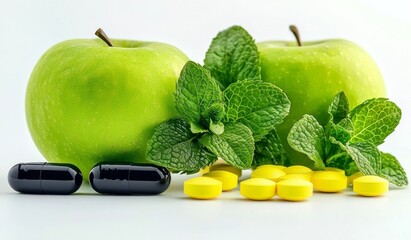 Green Apples, Mint, Pills and Tablets Healthy Lifestyle Concept, Healthy Living, Natural Remedy Healthy Lifestyle, Natural Supplements
