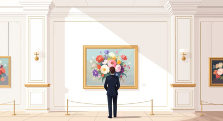 Art gallery visitor admires a floral painting in a luxurious setting full of art