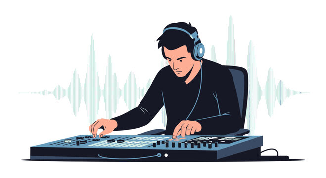 Cartoon illustration of a professional musician mixing sound with digital software on a mixer equipment in sound studio or music room