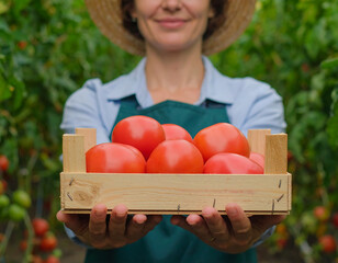 Woman holding a wooden crate full of ripe tomatoes in a greenhouse.