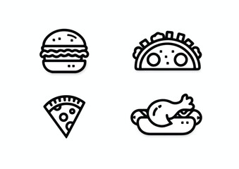Delicious Fast Food Icons Set featuring Burger Taco Pizza and Chicken Leg on Bun Offering a Quick and Tasty Meal Concept with Simple Black and White Design