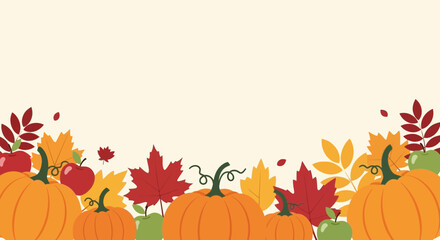 Autumn harvest design with pumpkins leaves and apples for Thanksgiving background or wallpaper suitable for seasonal themed events and celebrations