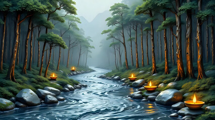 Fototapeta premium River in the forest during fog