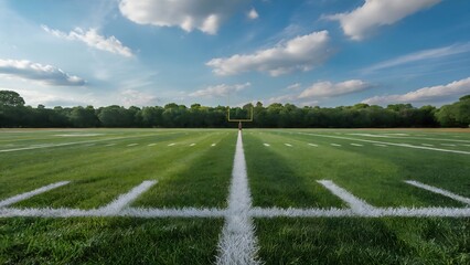 American football field with green grass, white lines, and a blue sky with clouds above on a sunny day