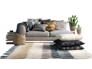Cozy living room set with a light grey sofa assorted textured pillows and a striped shag rug.