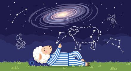 Naklejka premium Cartoon sheep dreaming of constellations, galaxy, and celestial wonders in a starry night scene