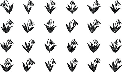 Black Silhouette Floral Vector Icons Set – Decorative Botanical Flowers and Plants for Graphic Design, Patterns, and Digital Art