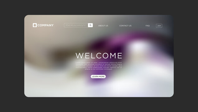 Modern website welcome page template with blurred background and simple navigation bar
