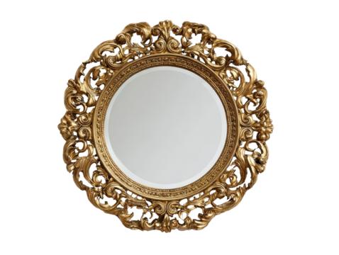 Ornate round vintage mirror with an intricate carved gilded gold Baroque-style frame.