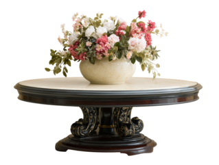 Classic dark wood pedestal table with a marble top featuring an elegant floral arrangement in a ceramic vase.