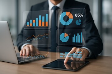 Business professional analyzing interactive digital analytics dashboard with bar charts, pie charts, line graphs, and performance metrics for strategic decision making and data insights
