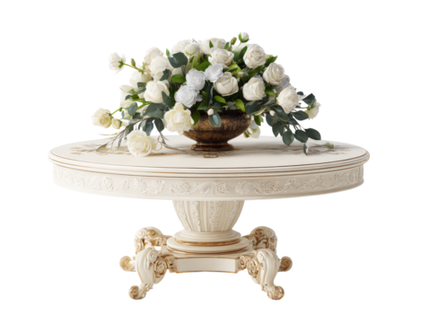 Elegant rococo style pedestal table in cream and gold with a lush bouquet of white roses.