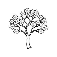 Simple black and white line drawing of a blooming cherry blossom tree