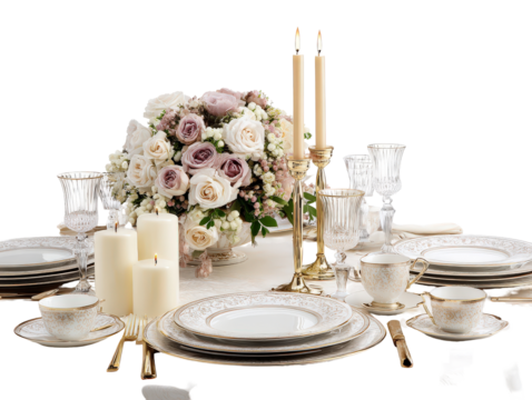 Elegant formal table setting with gold-rimmed porcelain crystal glassware lit candles and a lush rose bouquet.