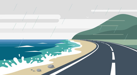 Coastal Road Trip In Rainy Weather With Mountain And Ocean View