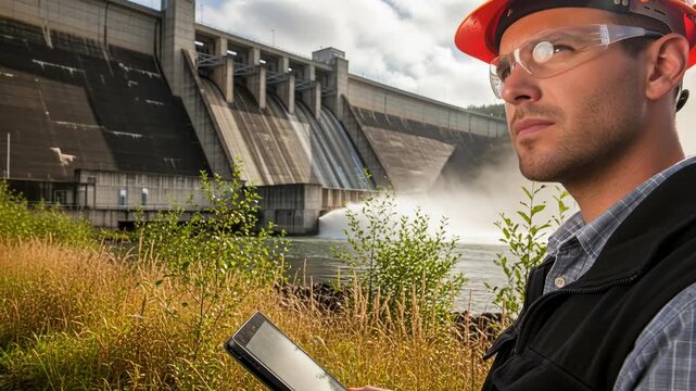 Engineer With Tablet At Hydroelectric Dam