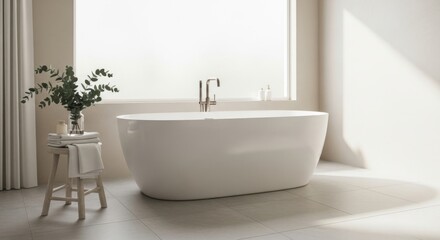 Modern white freestanding bathtub with eucalyptus plant and towels on stool bathroom