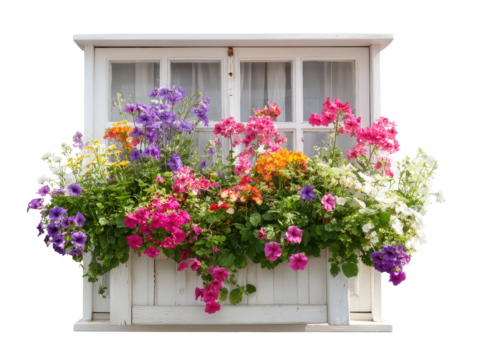 Charming white wooden window with a rustic planter box overflowing with colorful petunias geraniums and other summer flowers.