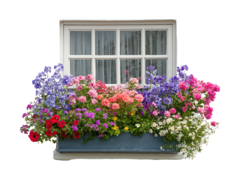 A charming white window with a rustic blue window box filled with a vibrant multicolored floral arrangement.