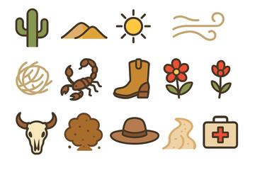 Obraz premium Desert icons: cactus, sand, sun, wind, tumbleweed, scorpion, cowboy boot, flowers, skull, hat, medicine