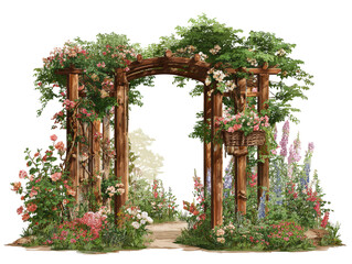 Rustic wooden garden archway illustration with climbing pink roses and lush foliage.