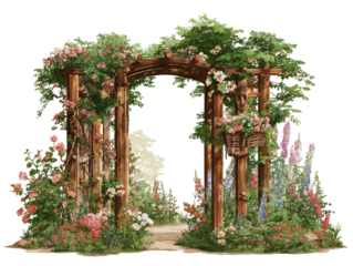 Rustic wooden garden archway illustration with climbing pink roses and lush foliage.