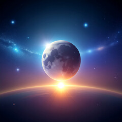 The Moon rises over a planet's glowing horizon as the sun emerges, set against a backdrop of stars and colorful nebulae.