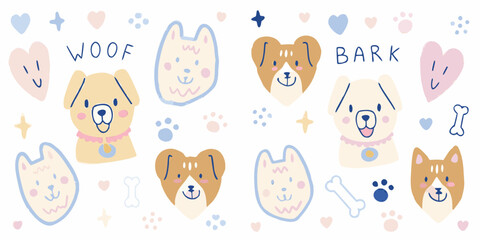 Cute kawaii dog faces and paw prints pattern